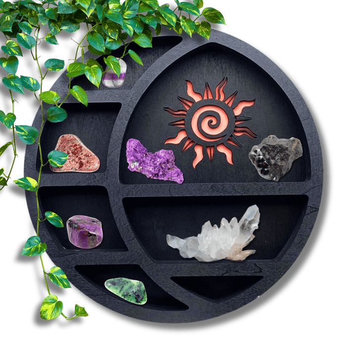 Painted Black Wood Sun and Moon Hanging Display ShelfCrystal River Gems