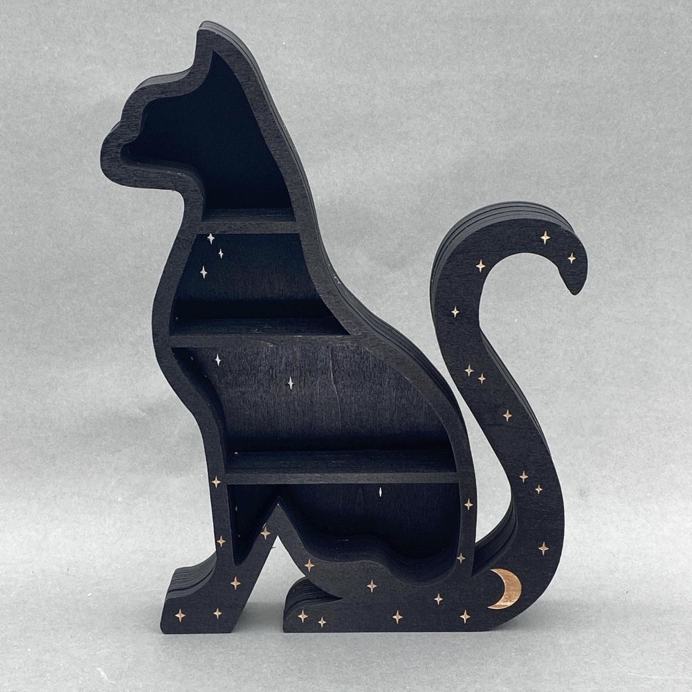 Painted Wood Black Cat with Stars Standing Display ShelfCrystal River Gems