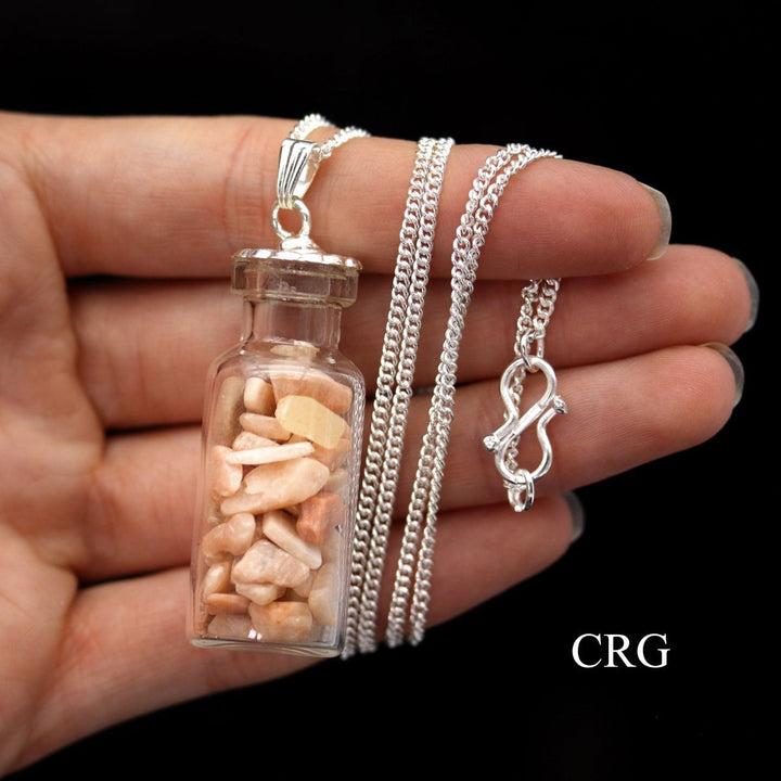 Peach Moonstone Chip Bottle Necklace with Silver Chain (1 Piece) Size 2 Inches Crystal Jewelry