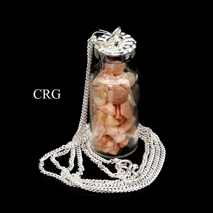 Peach Moonstone Chip Bottle Necklace with Silver Chain (1 Piece) Size 2 Inches Crystal Jewelry