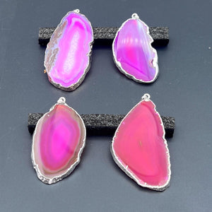 Pink Agate Slice Silver Plated Pendant