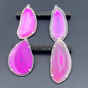 Pink Agate Slice Silver Plated Prong Pendant
