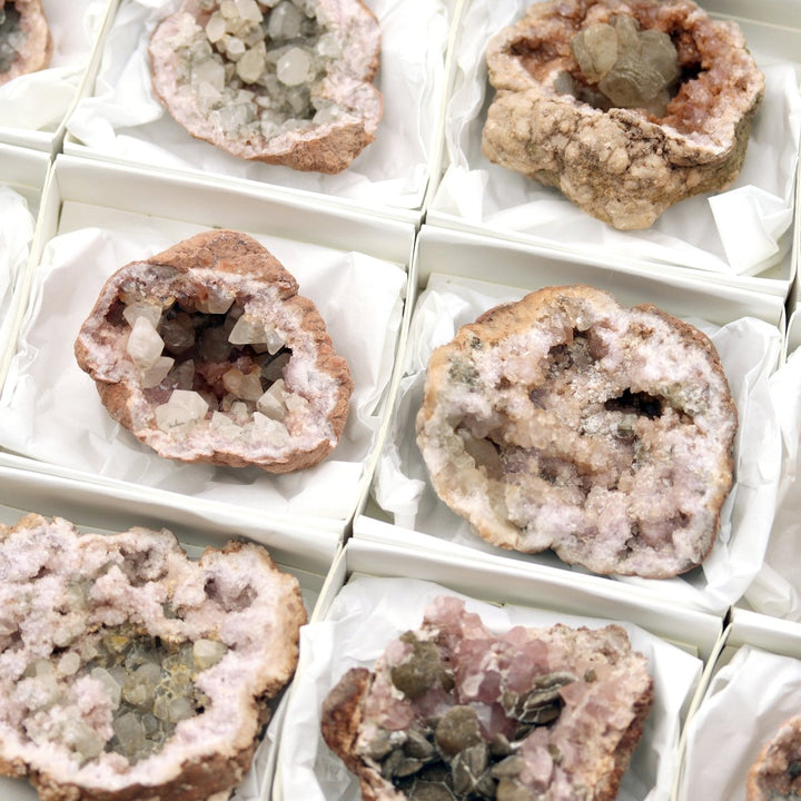 Pink Amethyst Geodes with Calcite Inclusions Large Flat (12 Pieces) Size 3 to 5 Inches Crystal MineralsCrystal River Gems