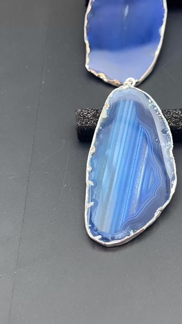 Blue Agate Slice Silver Plated Pendant