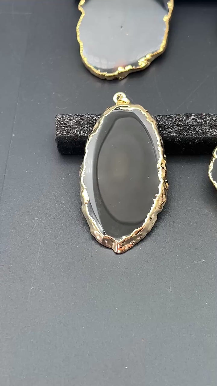 Black Agate Slice Gold Plated Pendant