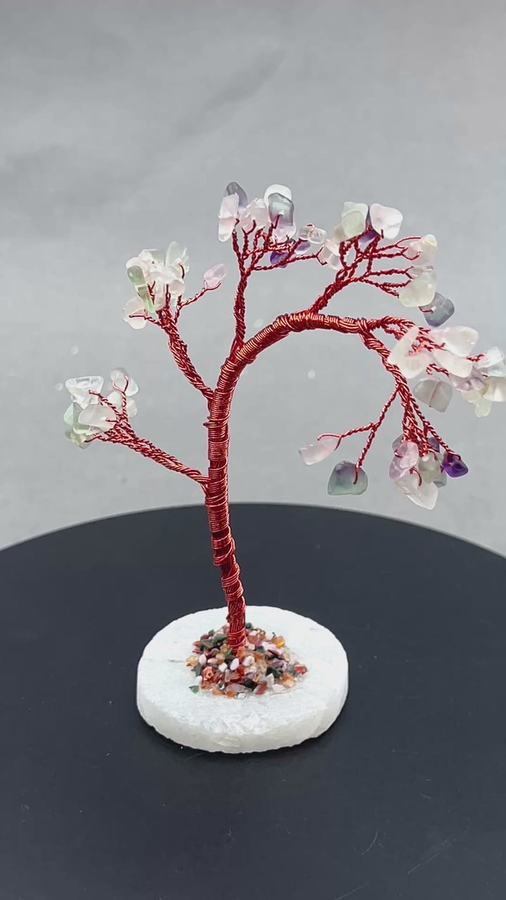 Fluorite Gemstone Chip Windblown Tree with Quartz Base and Copper Wire
