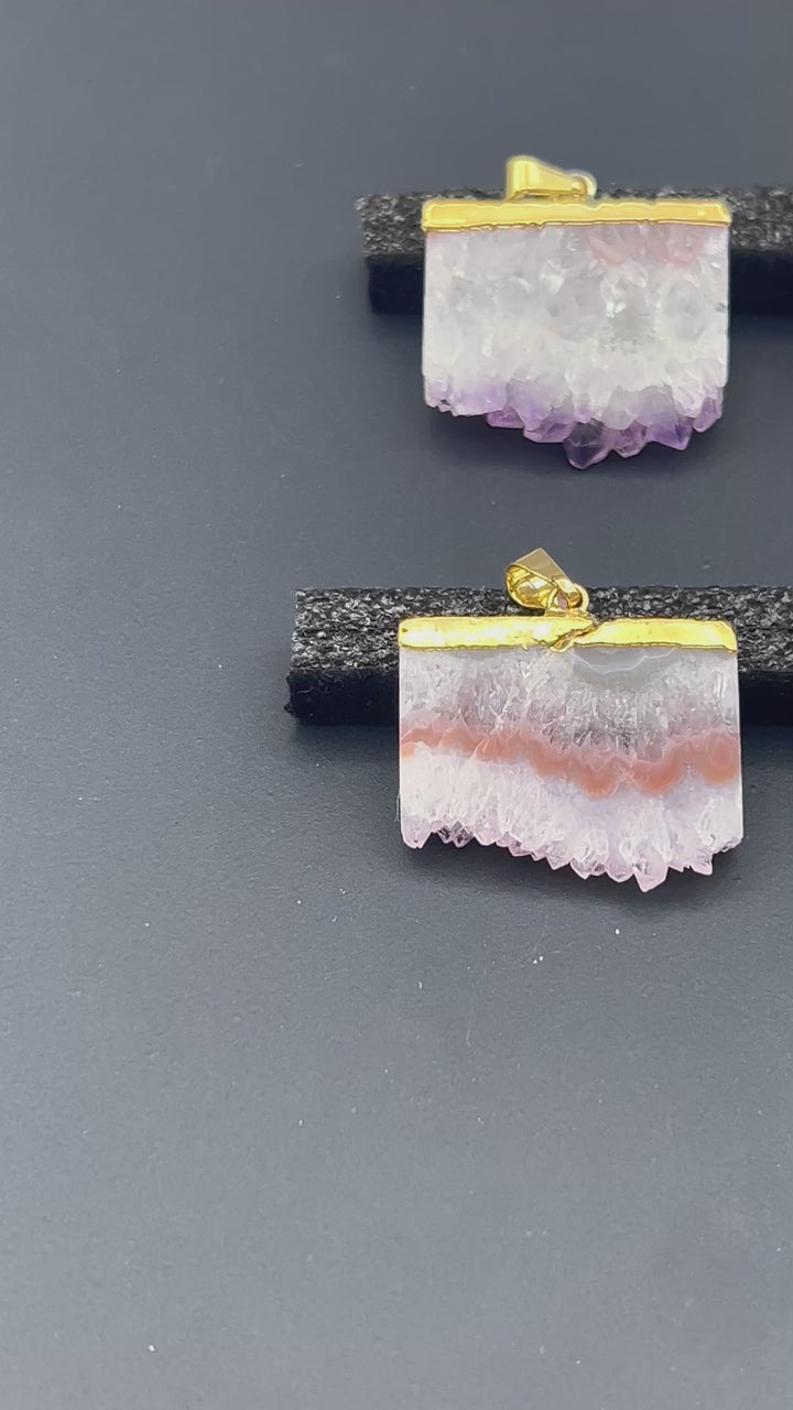 Amethyst Druzy Crystal Rectangle Slice Gold Pendant