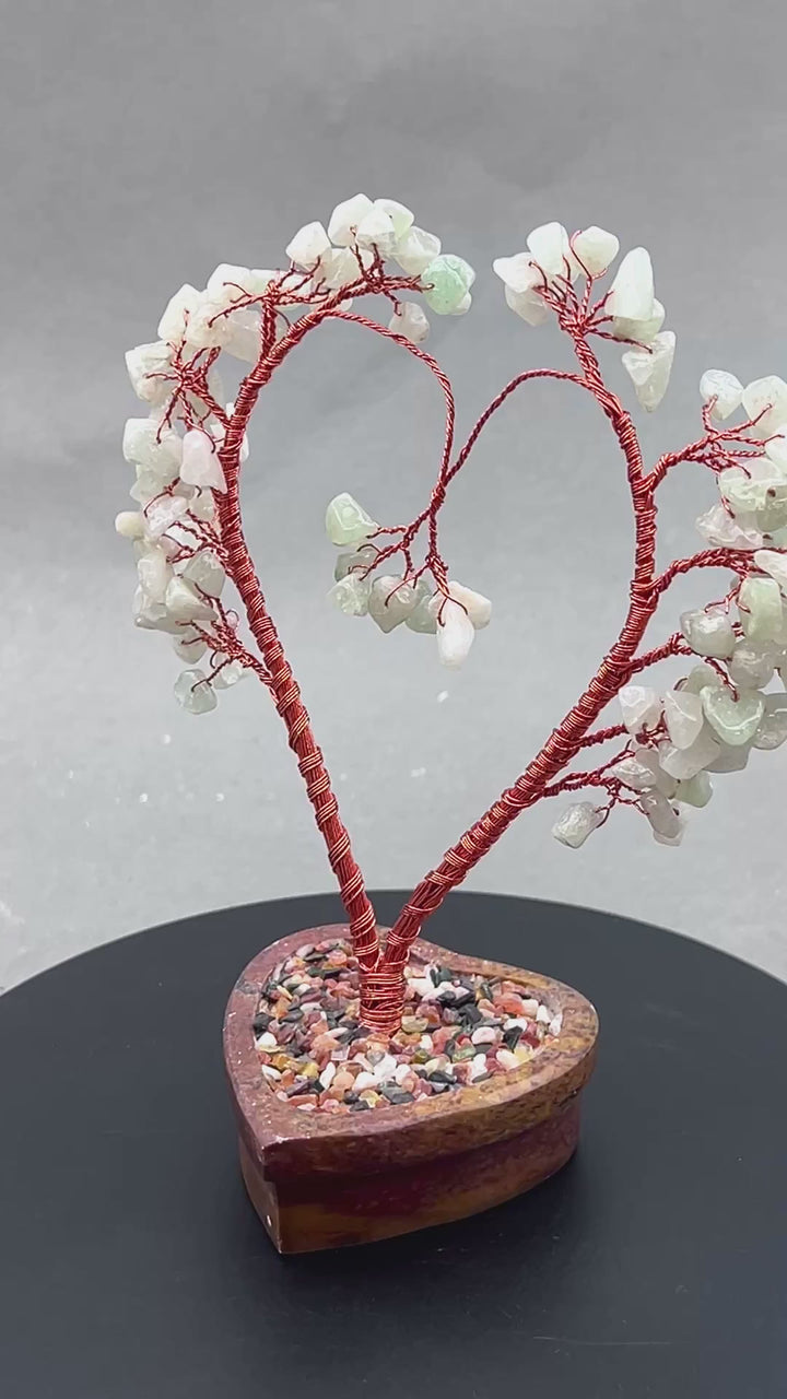 Pale Green Aventurine Chip Heart Tree with Soapstone Base and Copper Wire