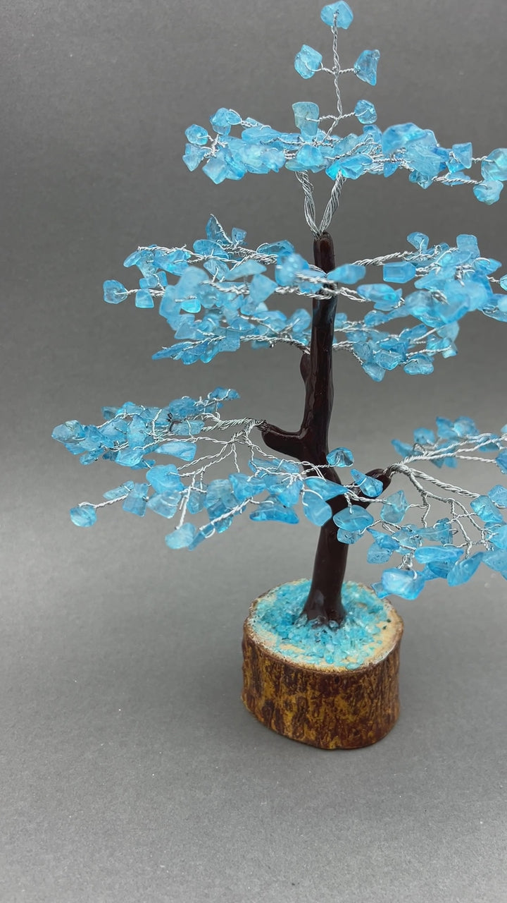Blue Topaz 300 Chip Tree with Wood Base and Silver Wire (1 Piece) Size 9 Inches Crystal Gemstone Tree