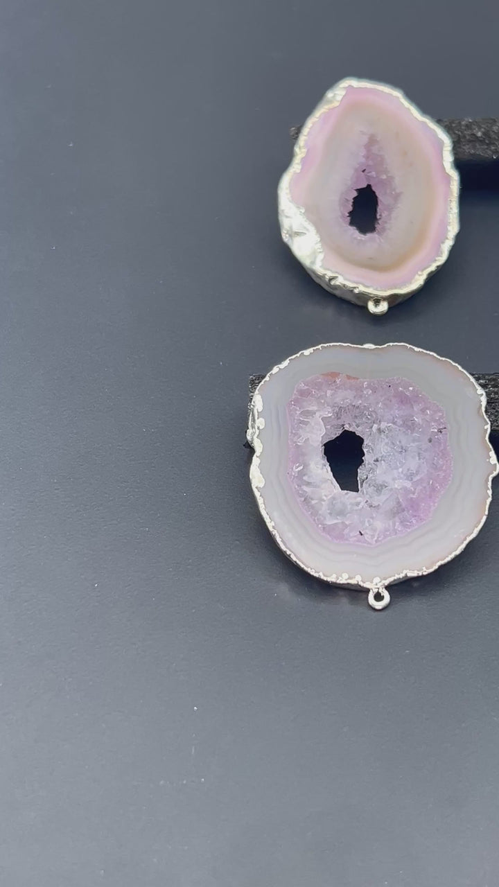 Grey Agate Slice Silver Connector Pendant (4 Pieces)