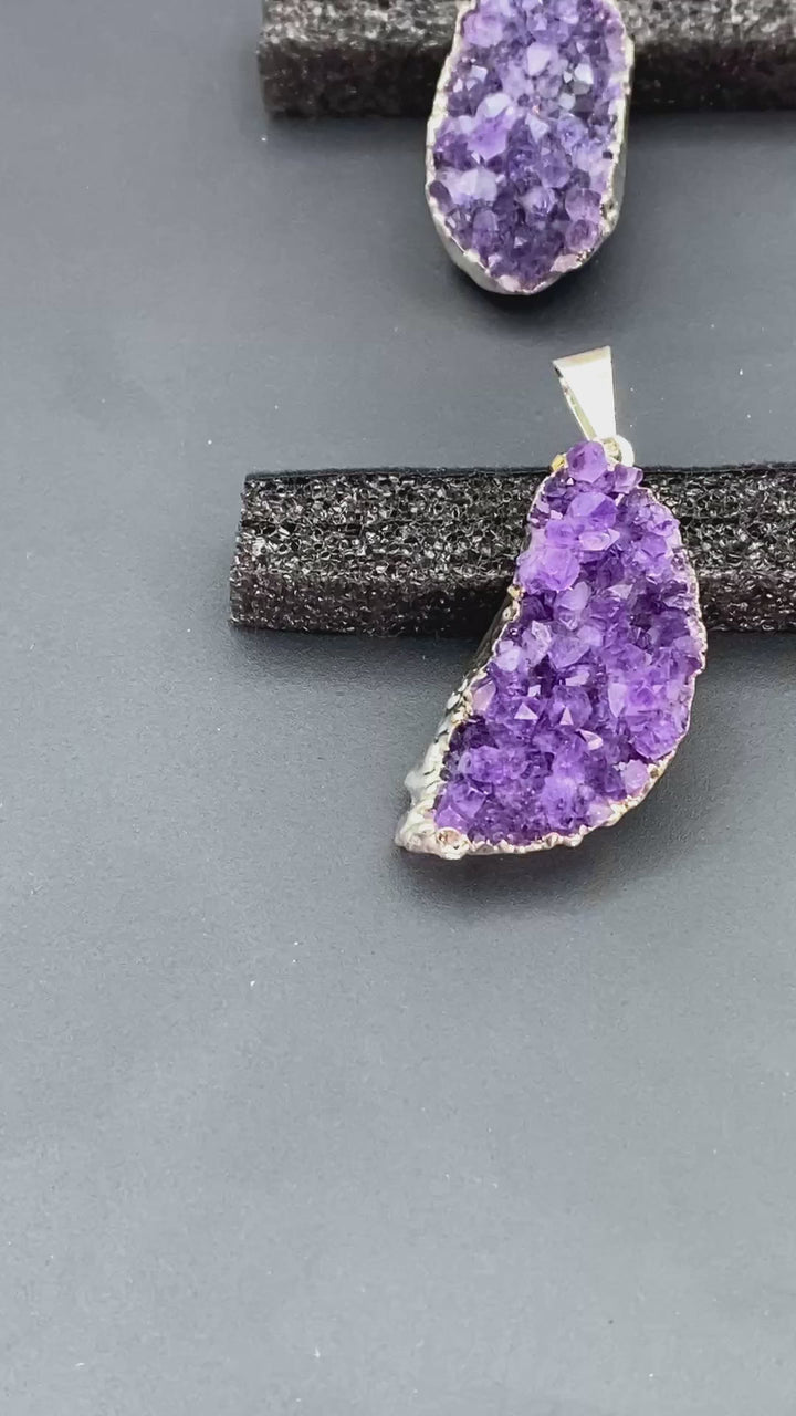 Amethyst Druzy Crystal Silver Oval Pendant