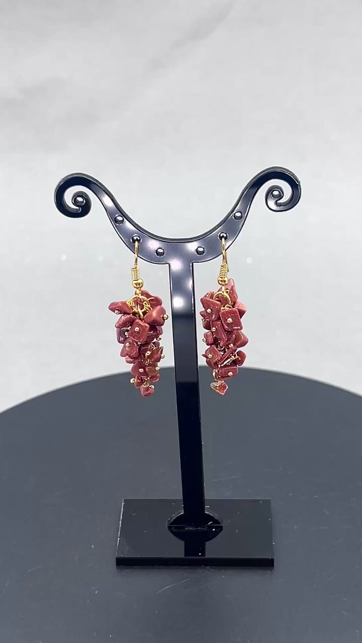 Red Goldstone Grape Cluster Earrings with Gold Plated Wire
