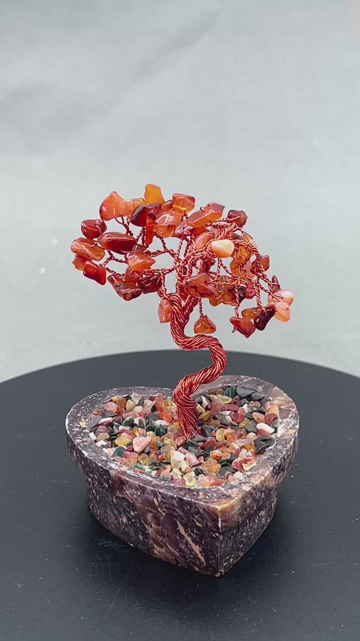 Carnelian Gemstone Chip Bonsai Tree with Soapstone Base and Copper Wire