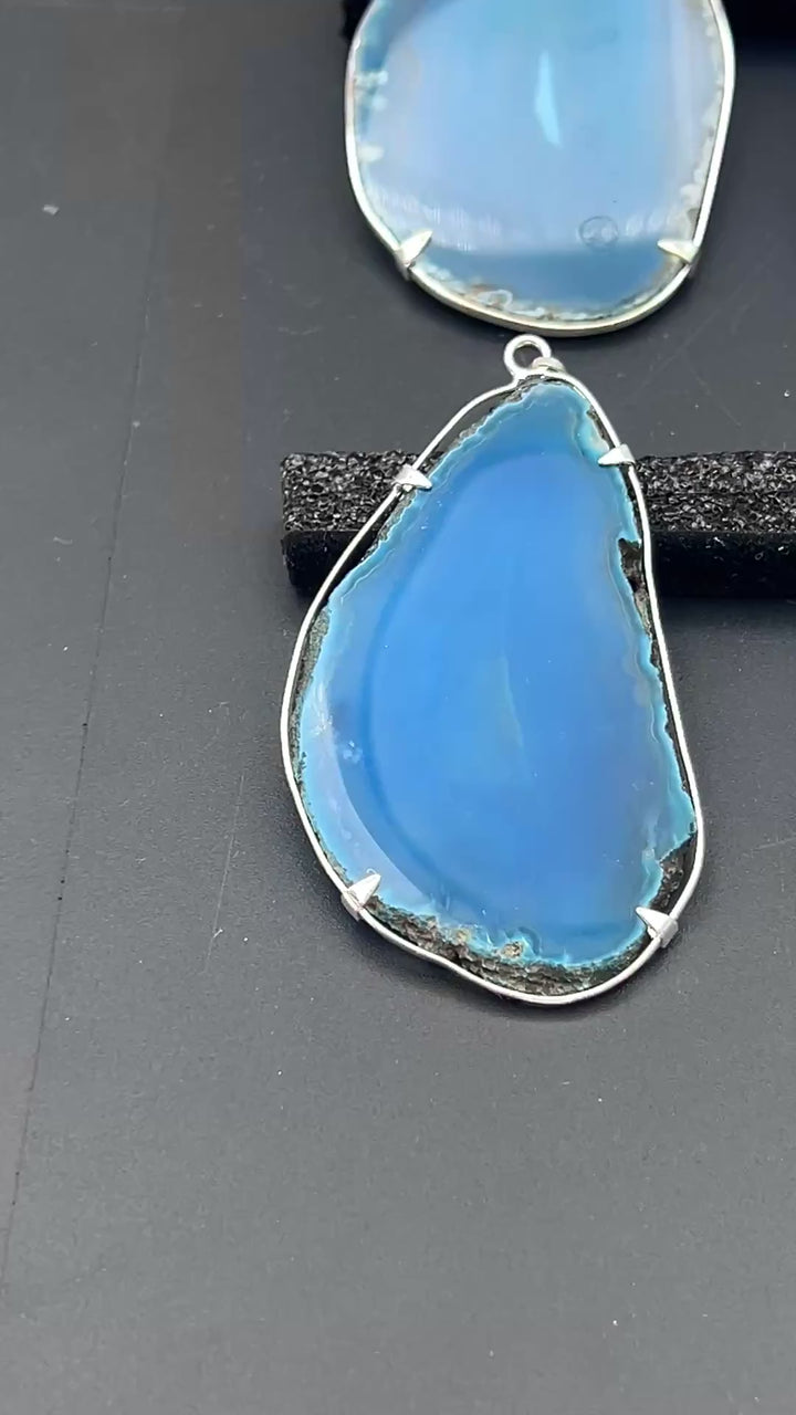 Teal Agate Slice Silver Plated Prong Pendant