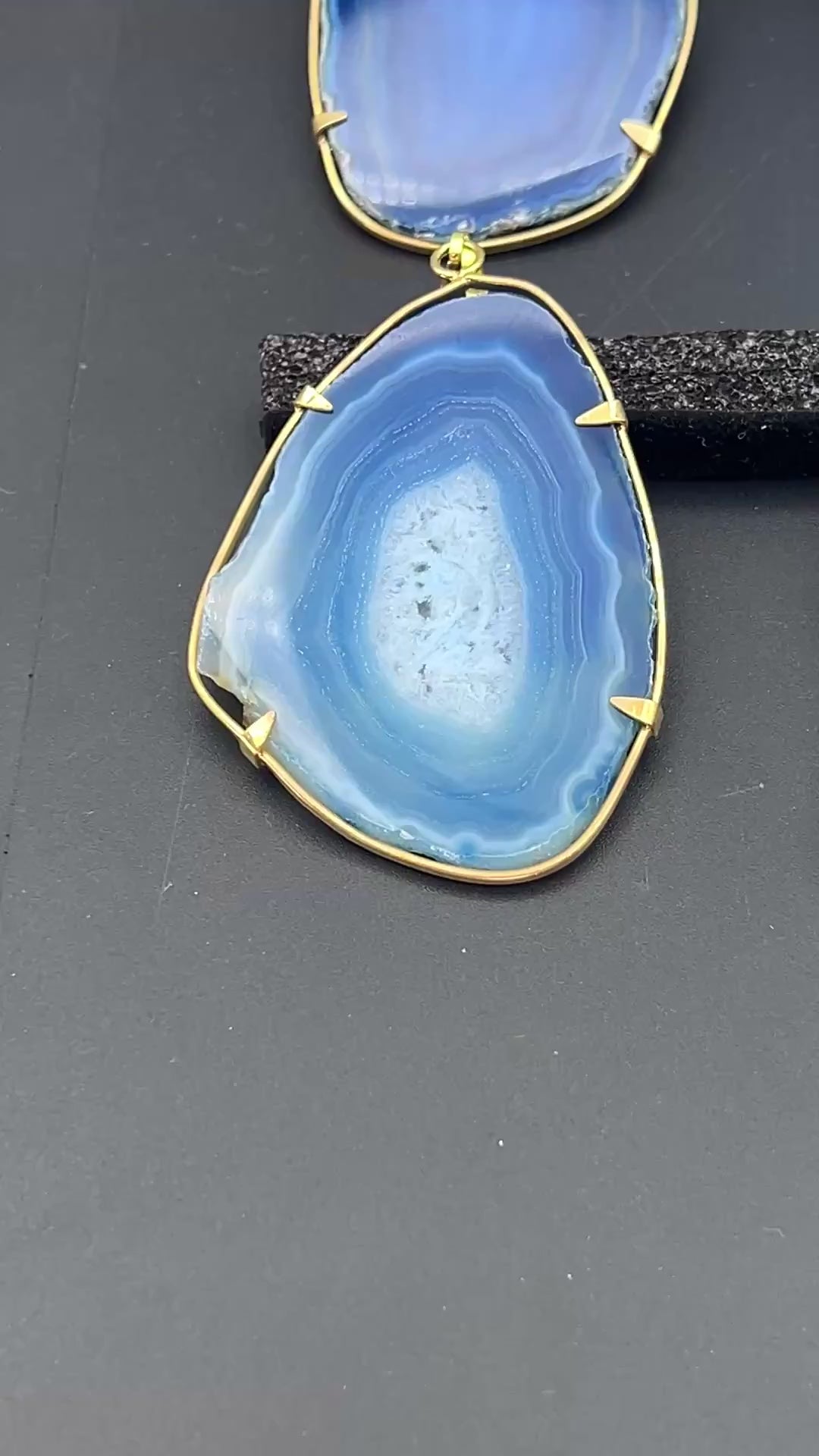 Blue Agate Slice Gold Plated Prong Pendant