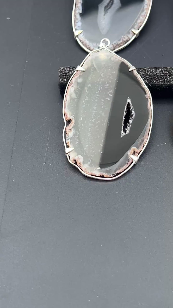 Black Agate Slice Silver Plated Prong Pendant