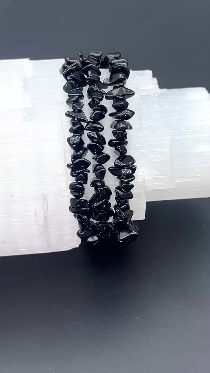 Black Obsidian Chip Bead Elastic Stretch Bracelet
