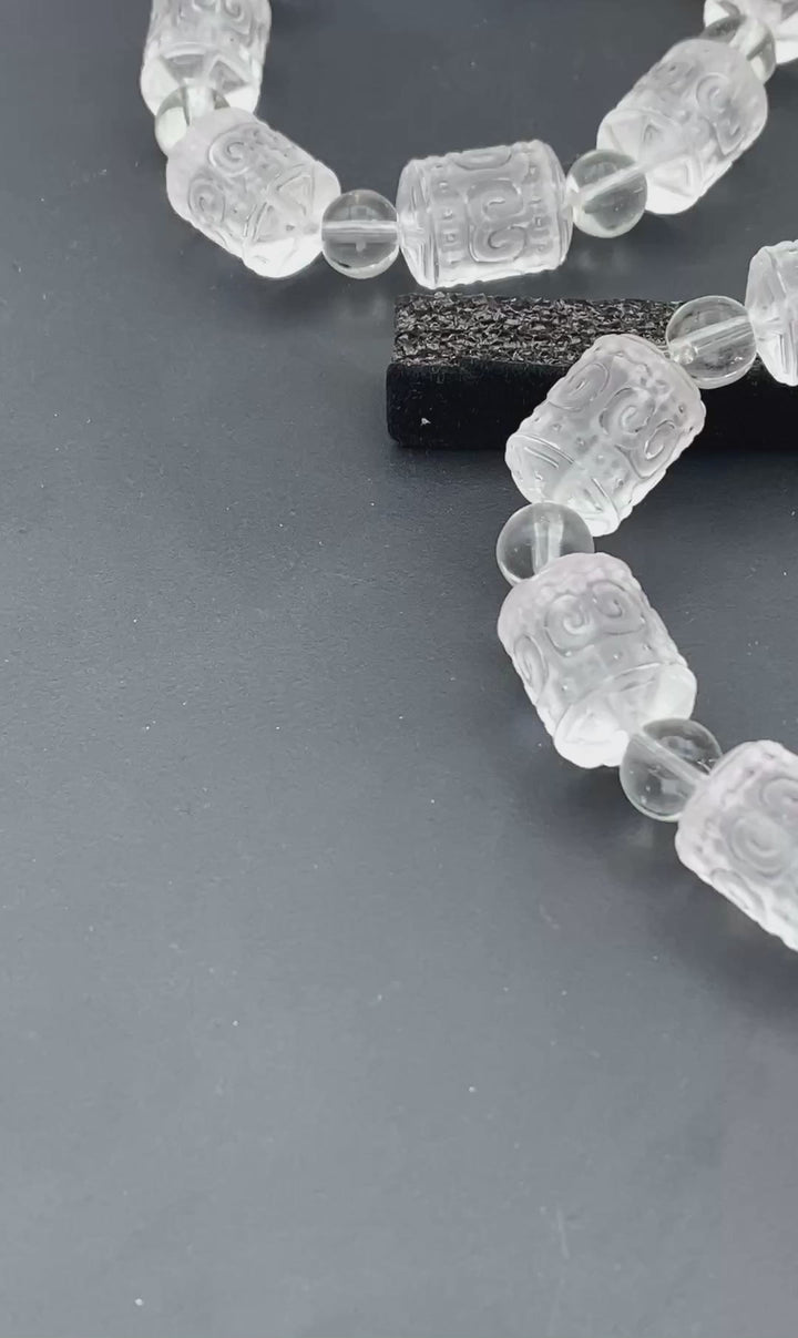 Clear Quartz Mixed Size Carved Bead Stretch Bracelet