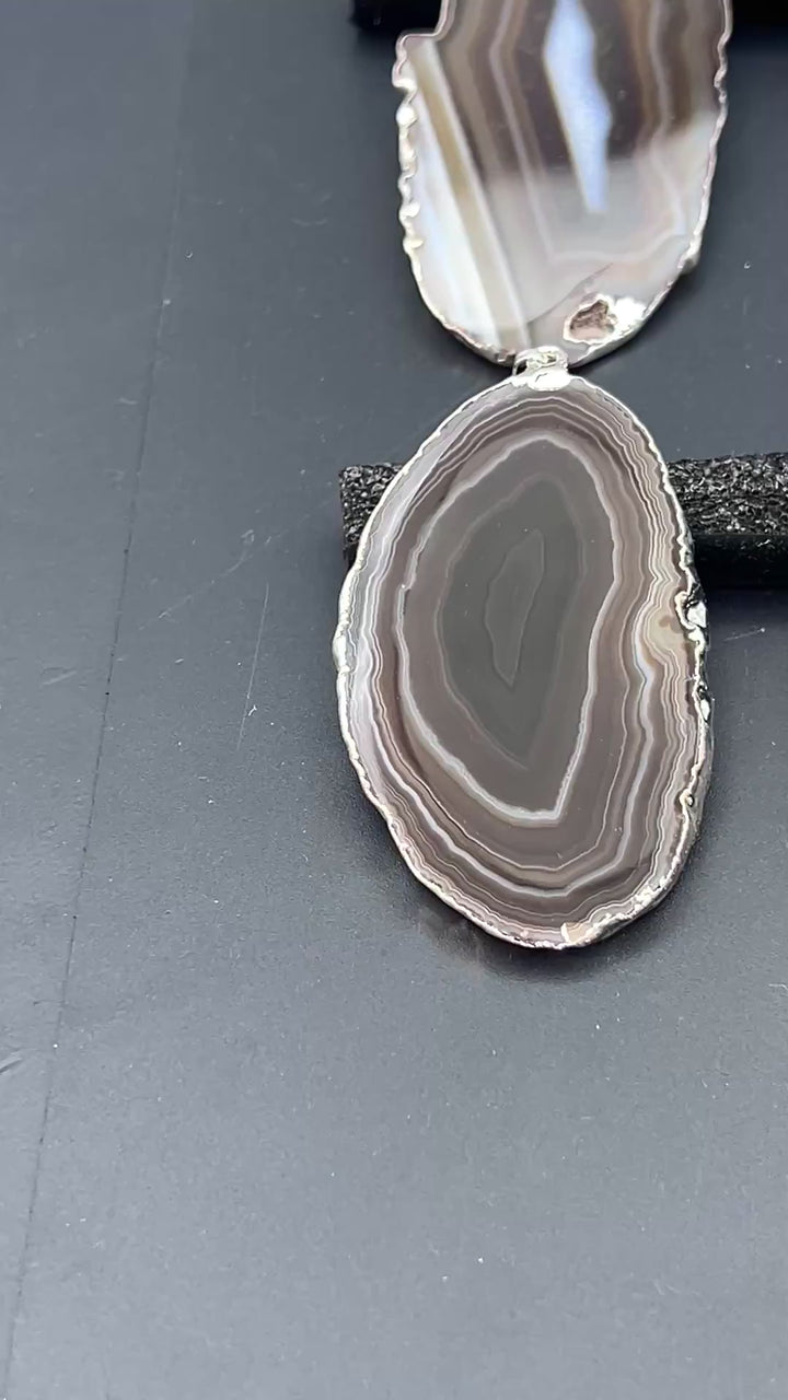 Black Agate Slice Silver Plated Pendant