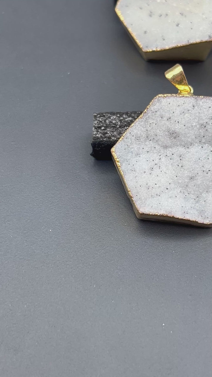 Agate Druzy Crystal Hexagon Gold Pendant