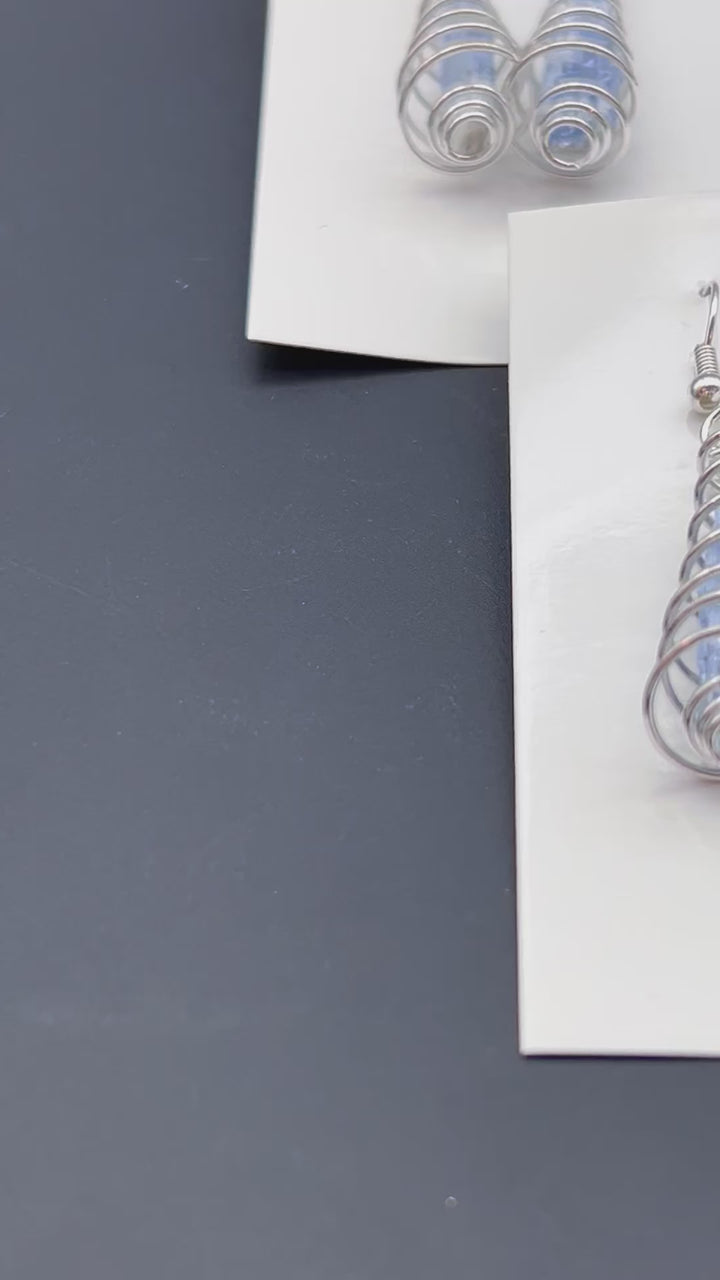 Blue Kyanite Raw Crystal Silver Spiral Cage Earrings