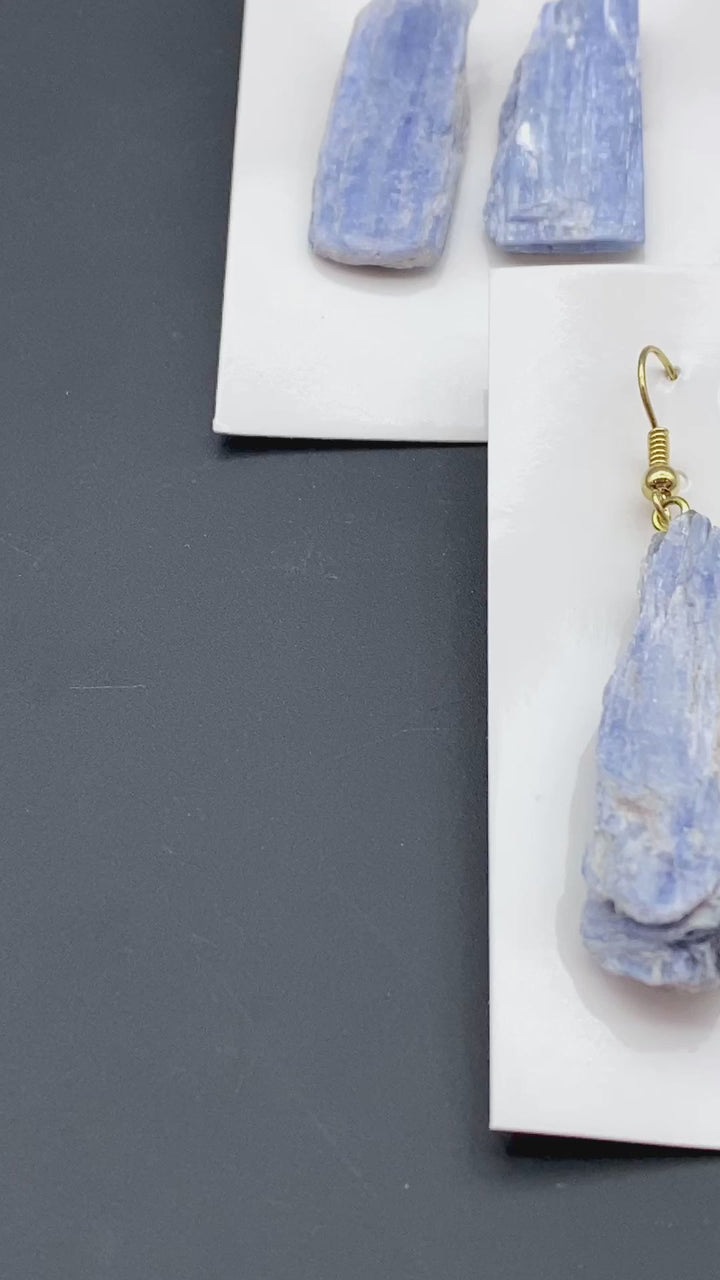 Blue Kyanite Raw Gold Wire Crystal Earrings