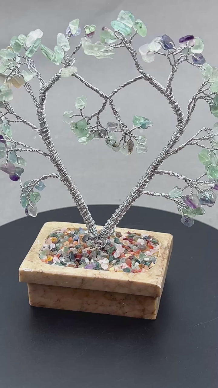 Fluorite Chip Heart Tree with Soapstone Base and Silver Wire