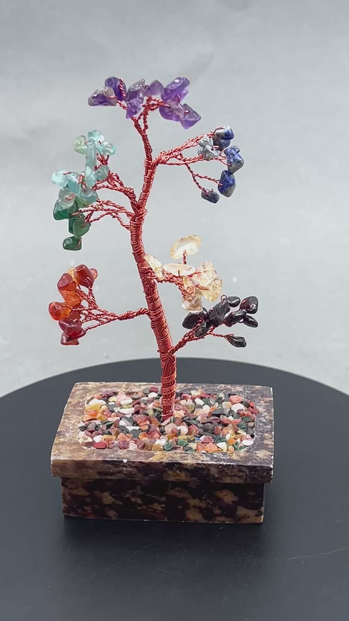 7 Stone Gemstone Chip Tree with Soapstone Base and Copper Wire