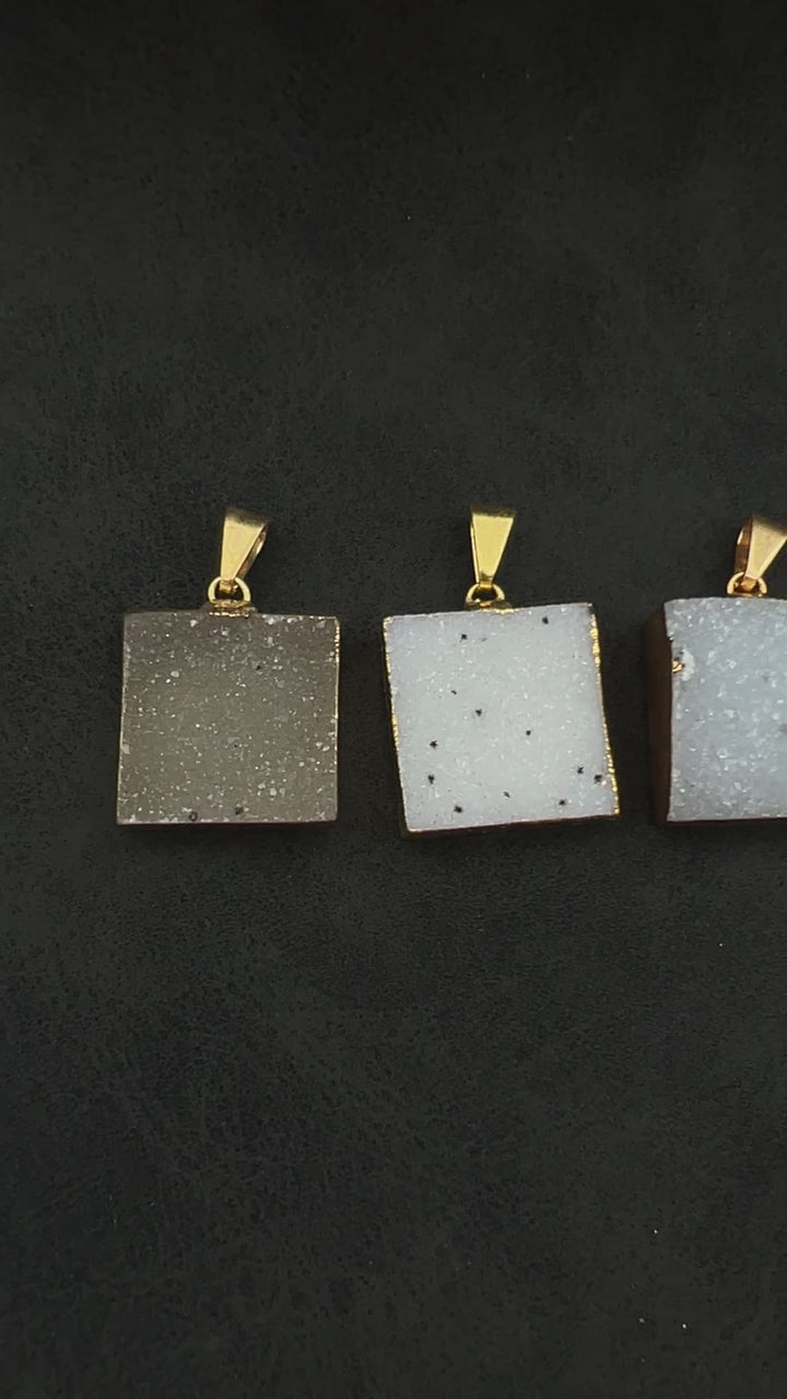 Agate Druzy Square Pendant with Gold Plating (0.75 Inch) (1 Piece)