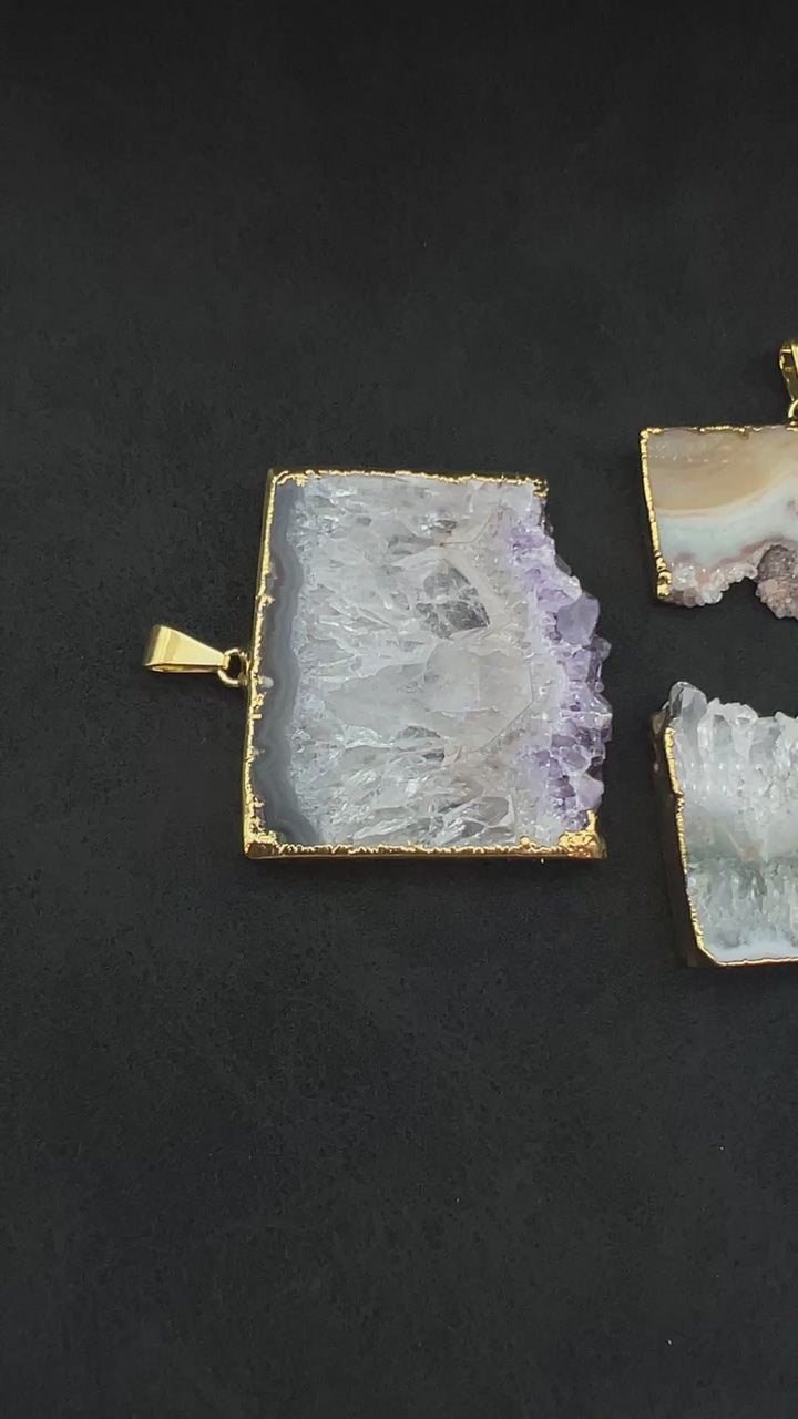 Amethyst Druzy Crystal Rectangle Slice Gold Pendant