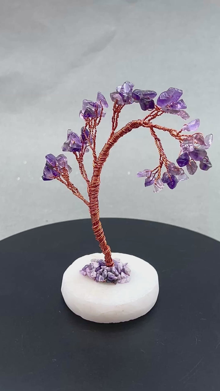 Amethyst Gemstone Chip Windblown Tree with Quartz Base and Copper Wire
