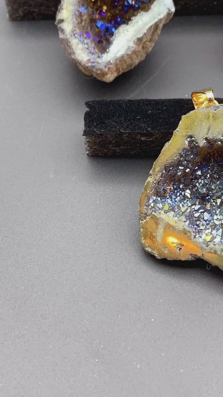 Green Titanium Aura Quartz Geode Pendant with Gold Bail