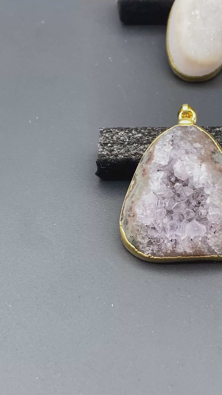 Agate Druzy Polished Crystal Cabochon Gold Pendant