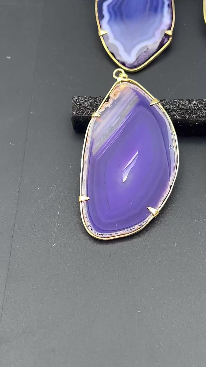 Purple Agate Slice Gold Prong Pendant
