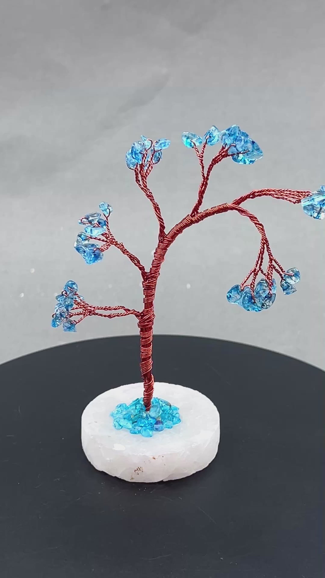 Blue Topaz Gemstone Chip Windblown Tree with Quartz Base and Copper Wire