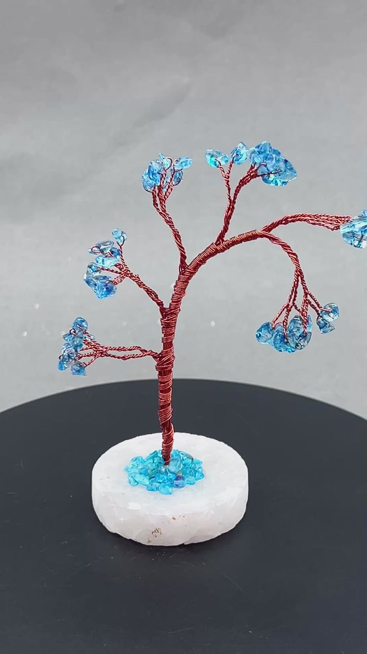 Blue Topaz Gemstone Chip Windblown Tree with Quartz Base and Copper Wire