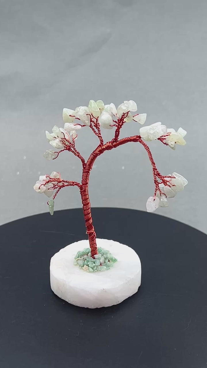 Pale Green Aventurine Gemstone Chip Windblown Tree with Quartz Base and Copper Wire