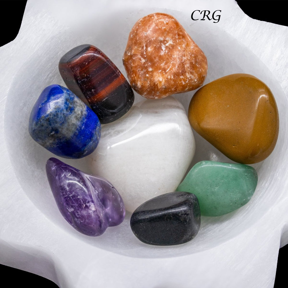 QTY 1 - 7 Stone Tumbled Set with Selenite Sun BowlCrystal River Gems