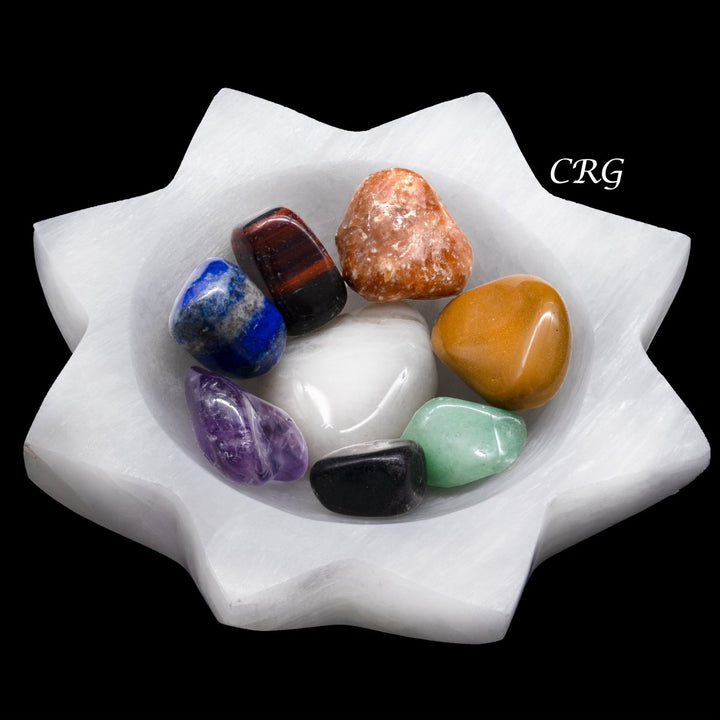 QTY 1 - 7 Stone Tumbled Set with Selenite Sun BowlCrystal River Gems