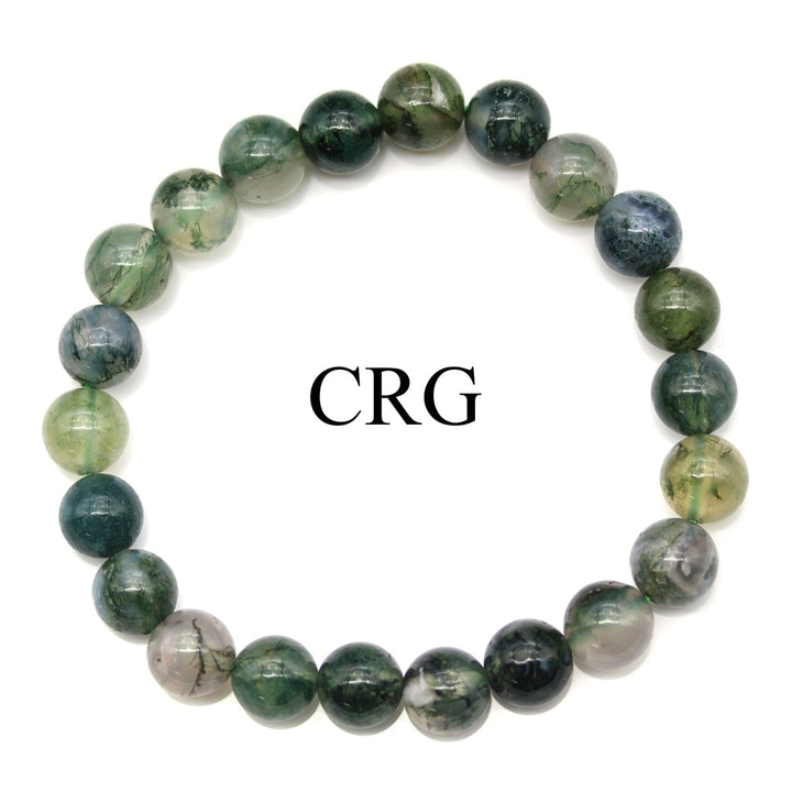 QTY 1 - Moss Agate Stretch Bracelet / 8 mm Round BeadsCrystal River Gems