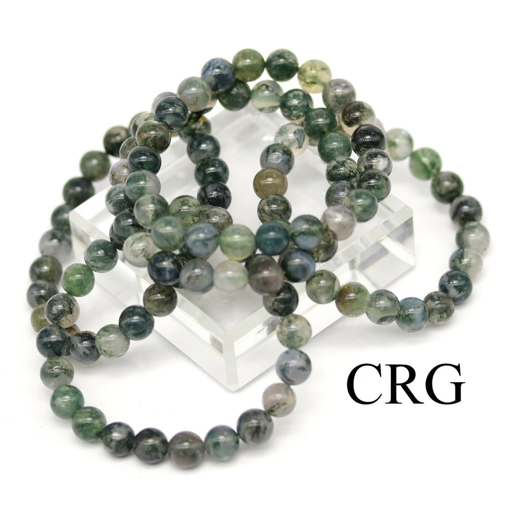 QTY 1 - Moss Agate Stretch Bracelet / 8 mm Round BeadsCrystal River Gems