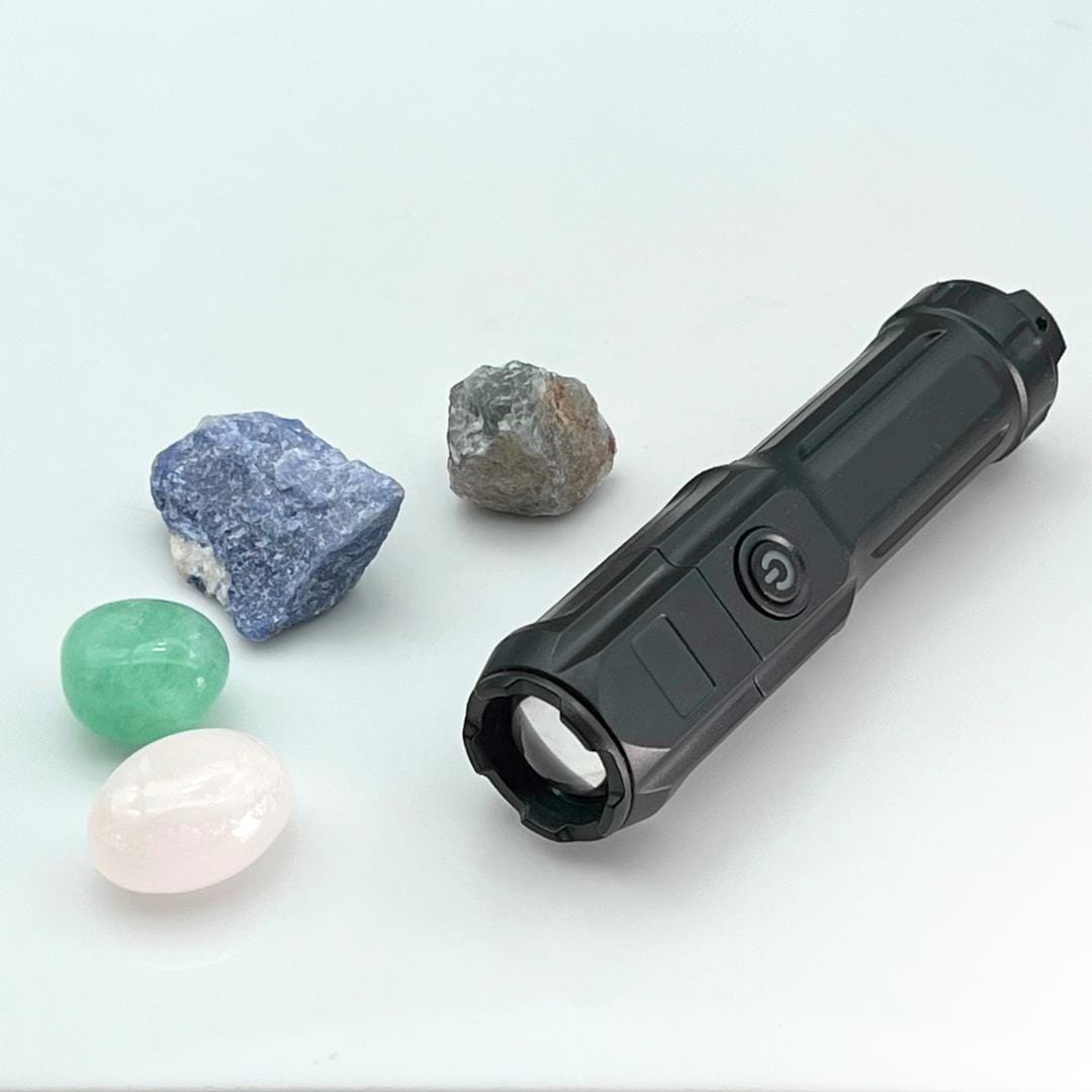 Rechargeable UV Flashlight 365nm with Starter Collection of UV Reactive GemstonesCrystal River Gems