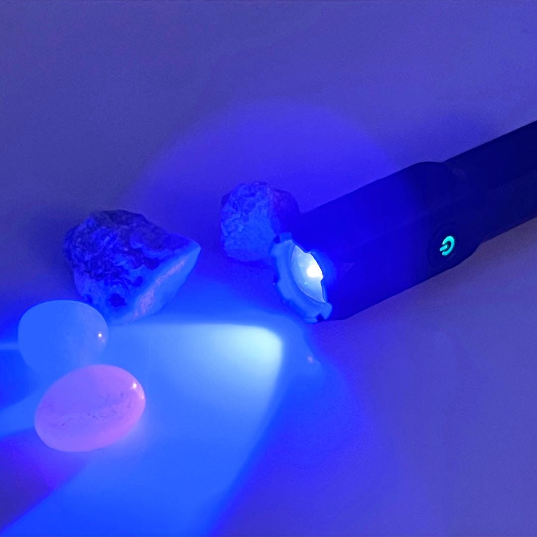 Rechargeable UV Flashlight 365nm with Starter Collection of UV Reactive GemstonesCrystal River Gems