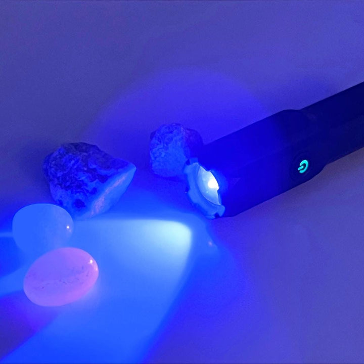 Rechargeable UV Flashlight 365nm with Starter Collection of UV Reactive GemstonesCrystal River Gems