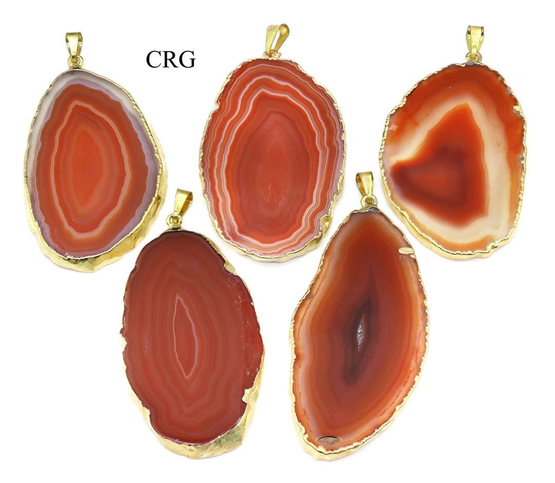Red Agate Slice Pendant with Gold Plating (4 Pieces) Size 1.5 to 2.5 Inches Crystal Jewelry Charm