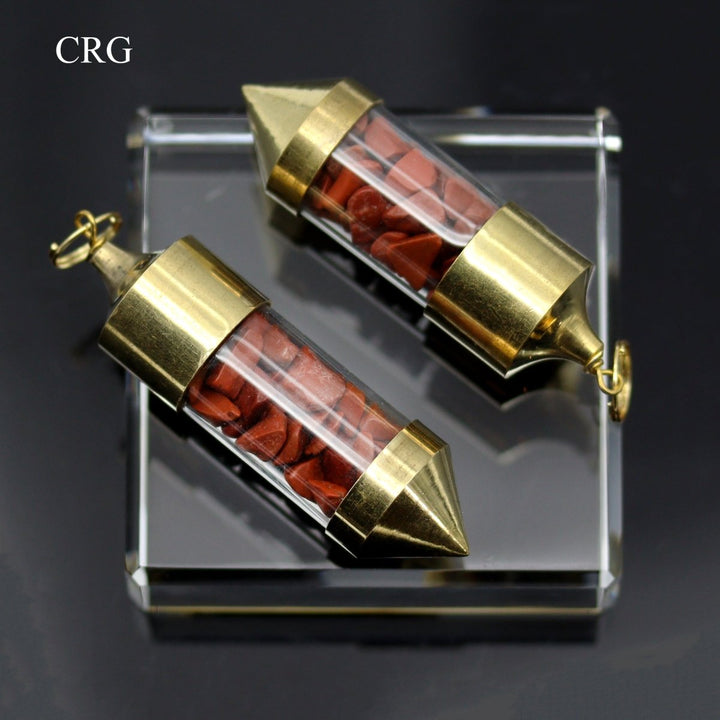 Red Jasper Gemstone Chips in Gold - Plated Bottle Pendant (2 Pieces) Size 2.5 Inches Crystal Jewelry CharmCrystal River Gems