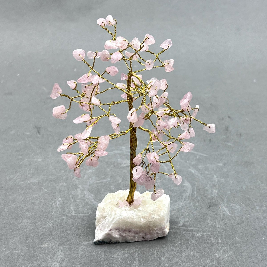 crystal wire bonsai tree Rose Quartz 100 Chip Tree with Gold Wire and Druzy Base
