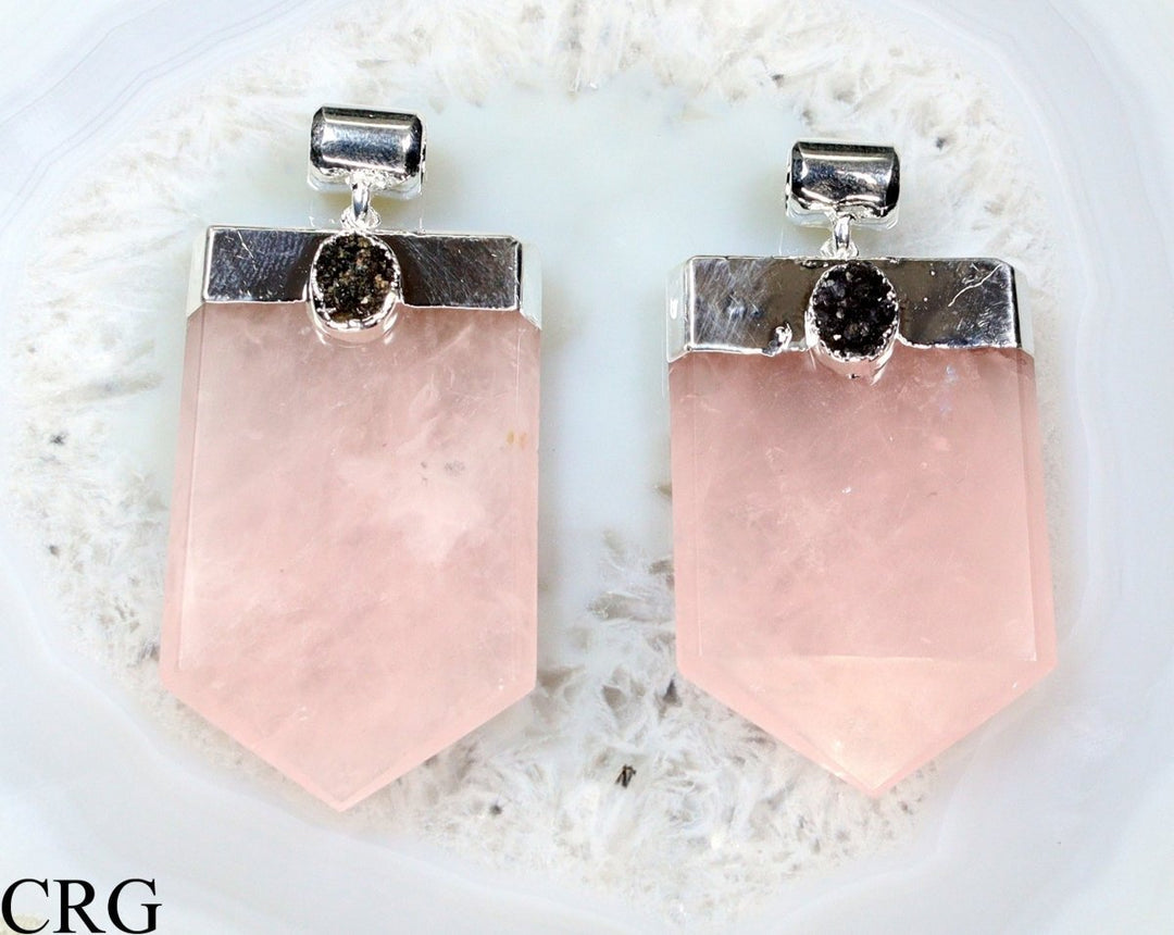 Rose Quartz Druzy Flat Pendant with Silver Plating (1 Piece) Size 2.5 Inches Crystal Jewelry Charm