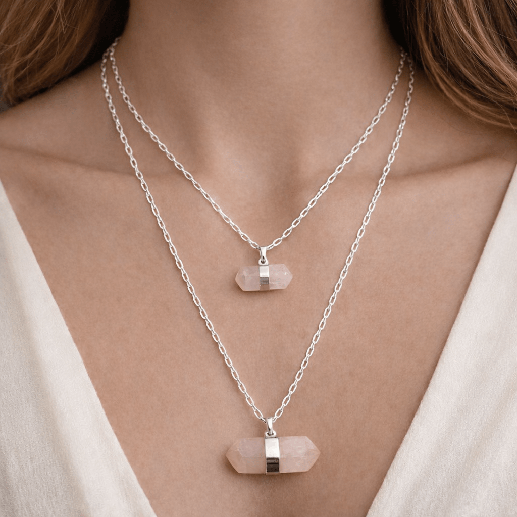 Rose Quartz Point Layered Necklace with Silver Plating (24 Inches) (1 Piece)Crystal River Gems