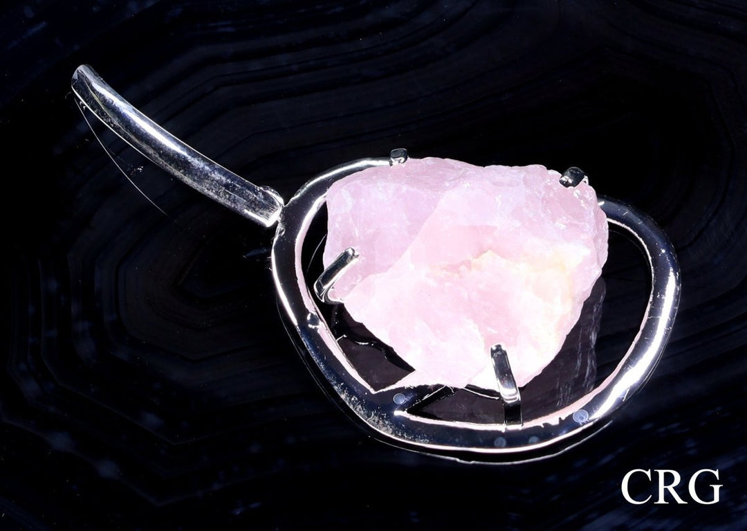 Rose Quartz Raw Rock Pendant with Silver Plating (1 Piece) Size 3 Inches Crystal Jewelry Charm